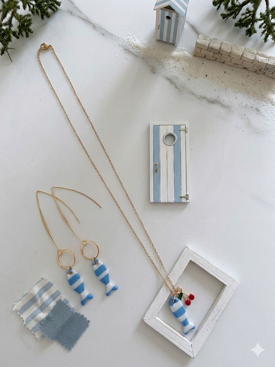 Ensemble Bijoux Poisson Rayé – Boucles d'oreilles & Collier Argile Polymère