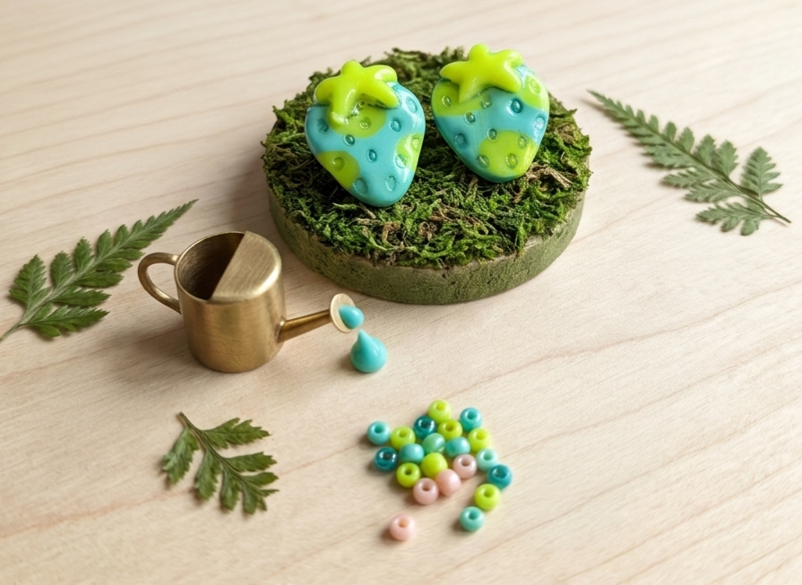 Boucles d'oreilles Fraise – Argile Polymère Turquoise & Jaune Fluo