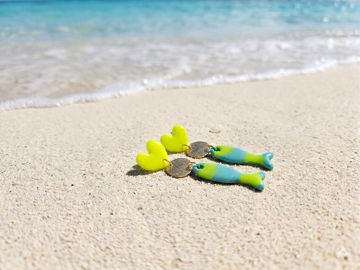 Boucles d'oreilles Cœur & Poisson – Jaune Fluo & Bleu Turquoise