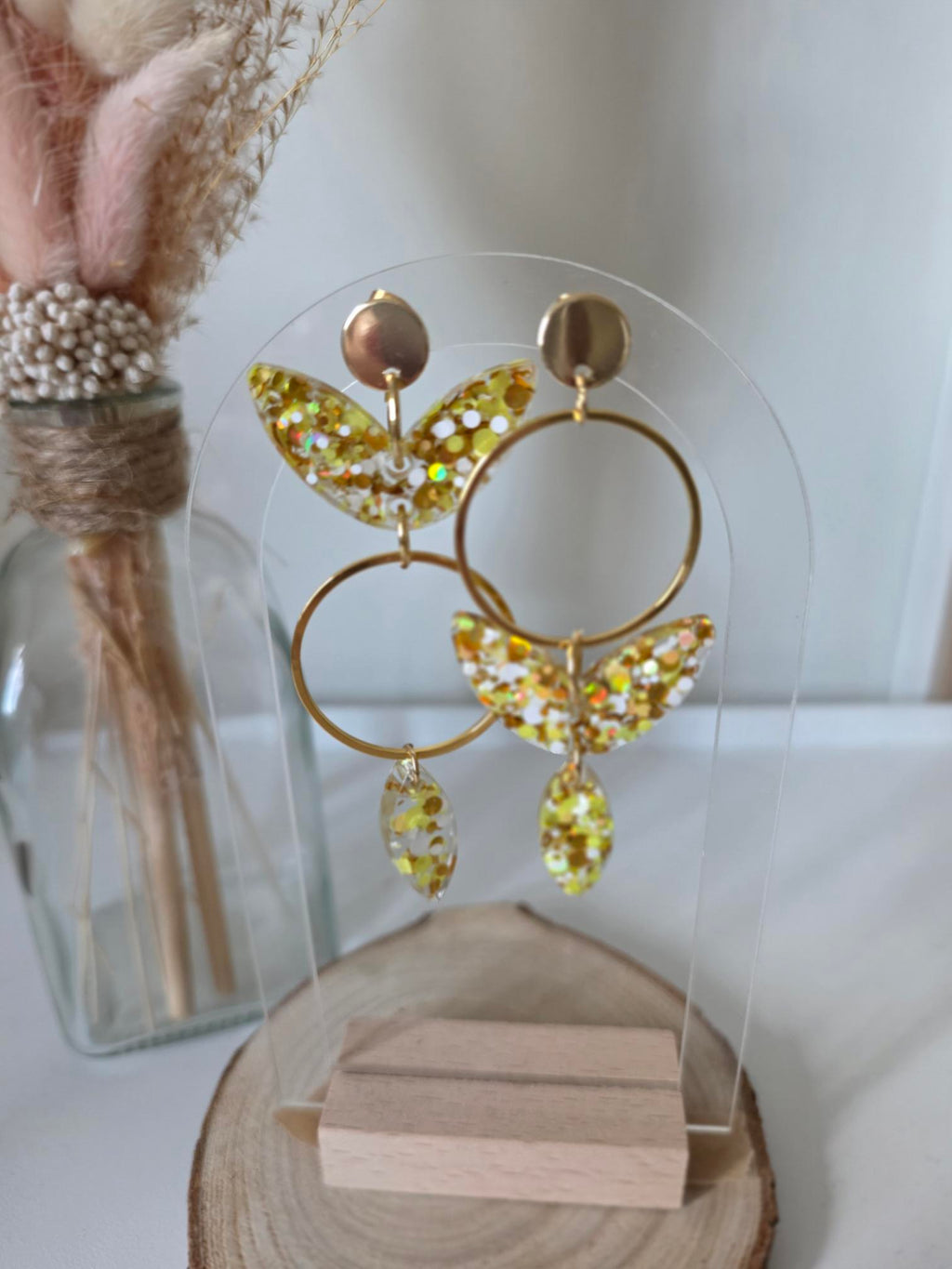 Boucles d'oreilles pendantes résine époxy – Or Galaxie Holographique