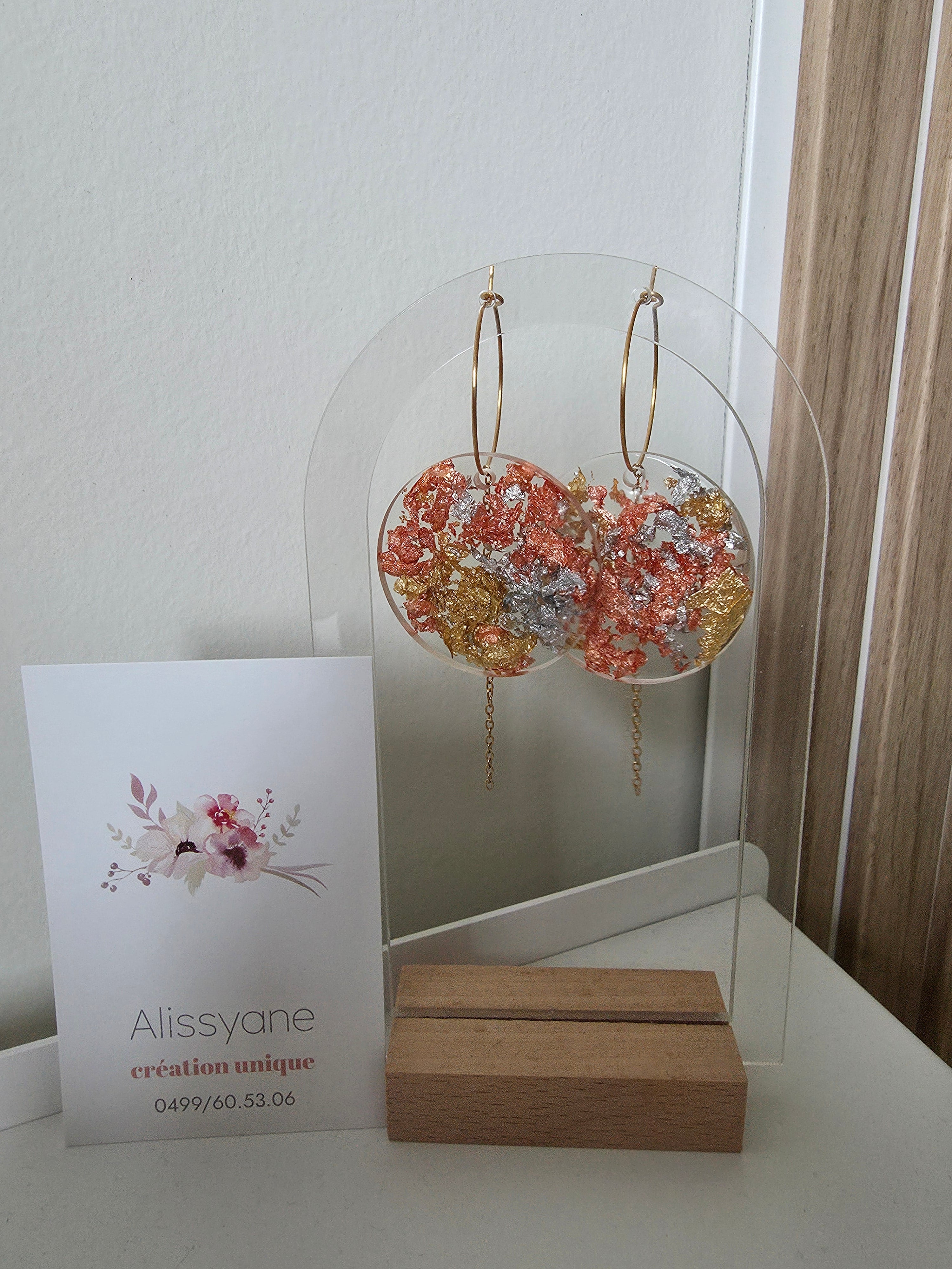Boucles d'oreilles en résine époxy – Cercles Feuilles Cuivrées, Dorées & Argentées