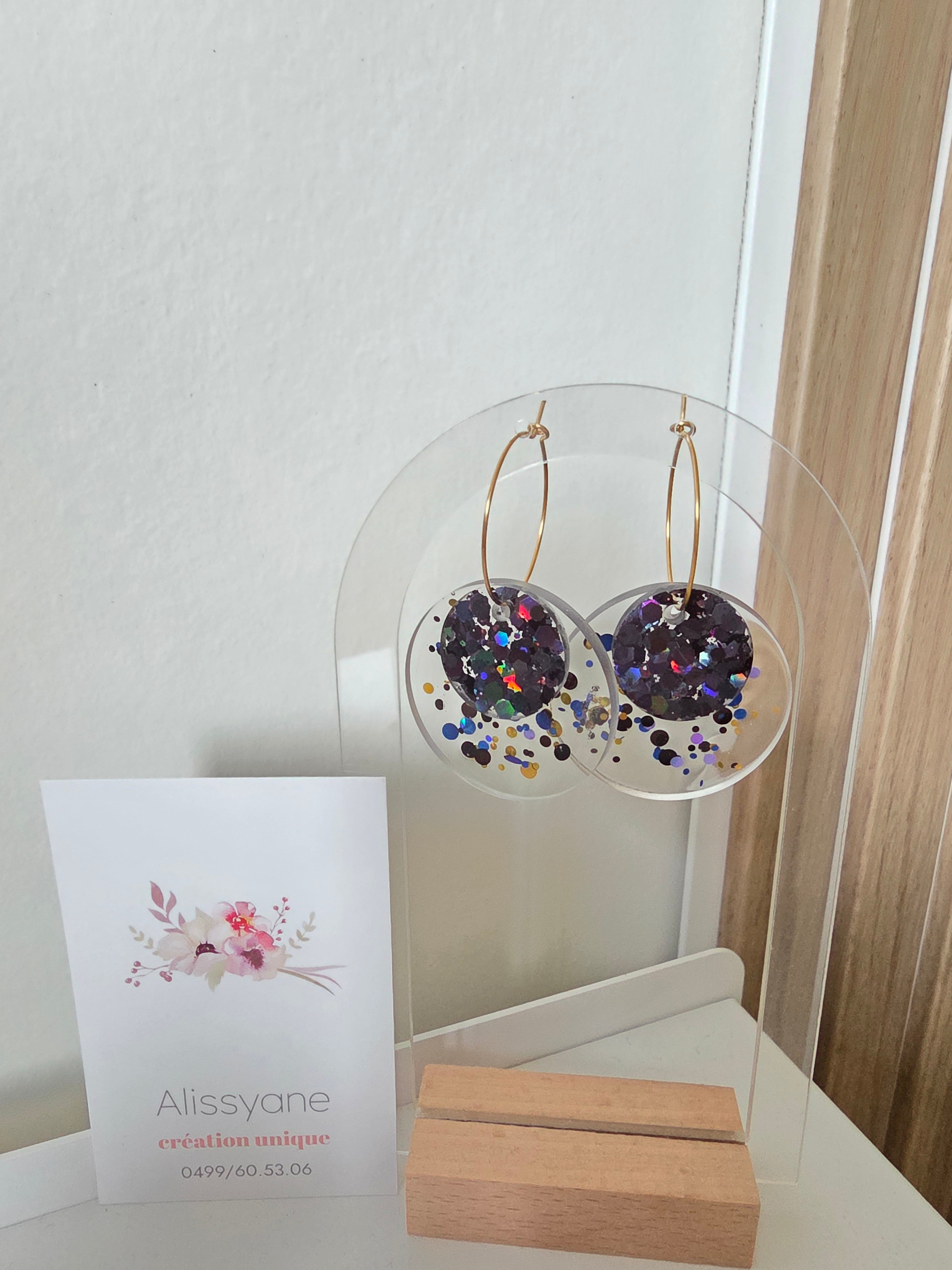Boucles d'oreilles en résine époxy – Cercles Paillettes Holographiques Noires & Irisées