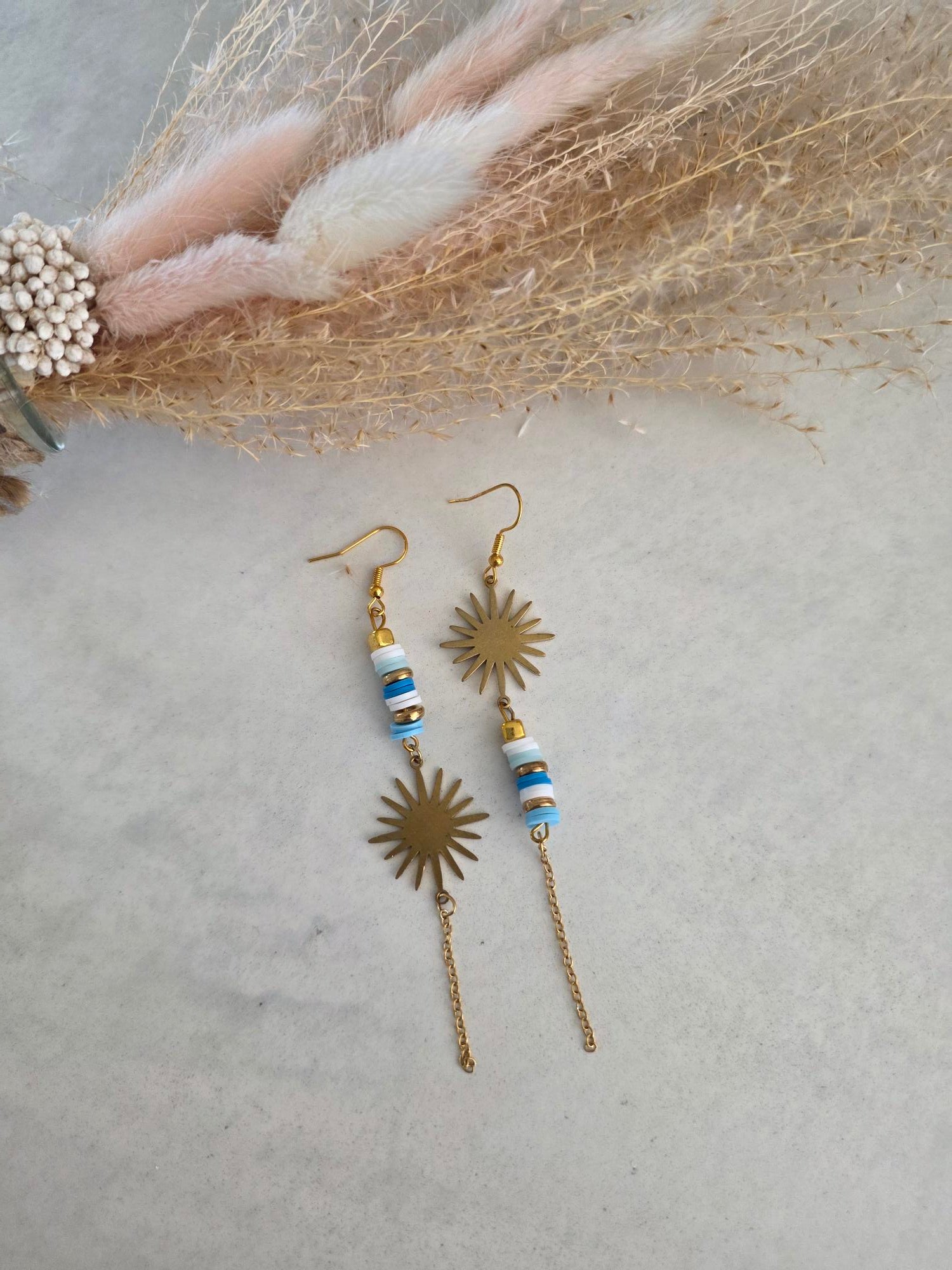 Boucles d'oreilles soleil & perles heishi – Acier inoxydable doré