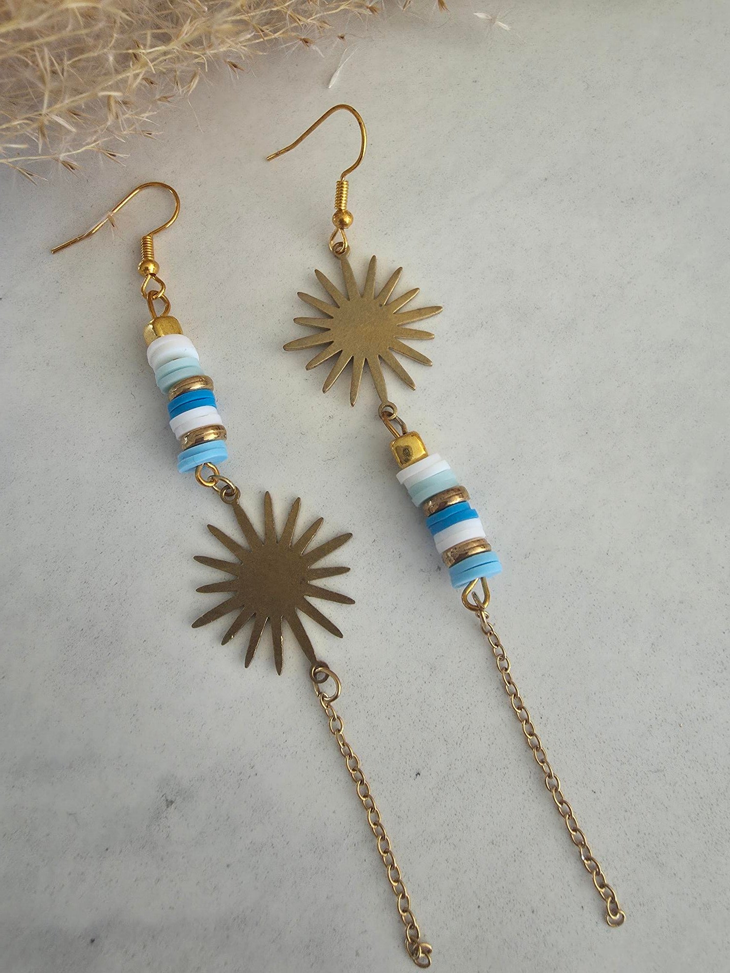 Boucles d'oreilles soleil & perles heishi – Acier inoxydable doré