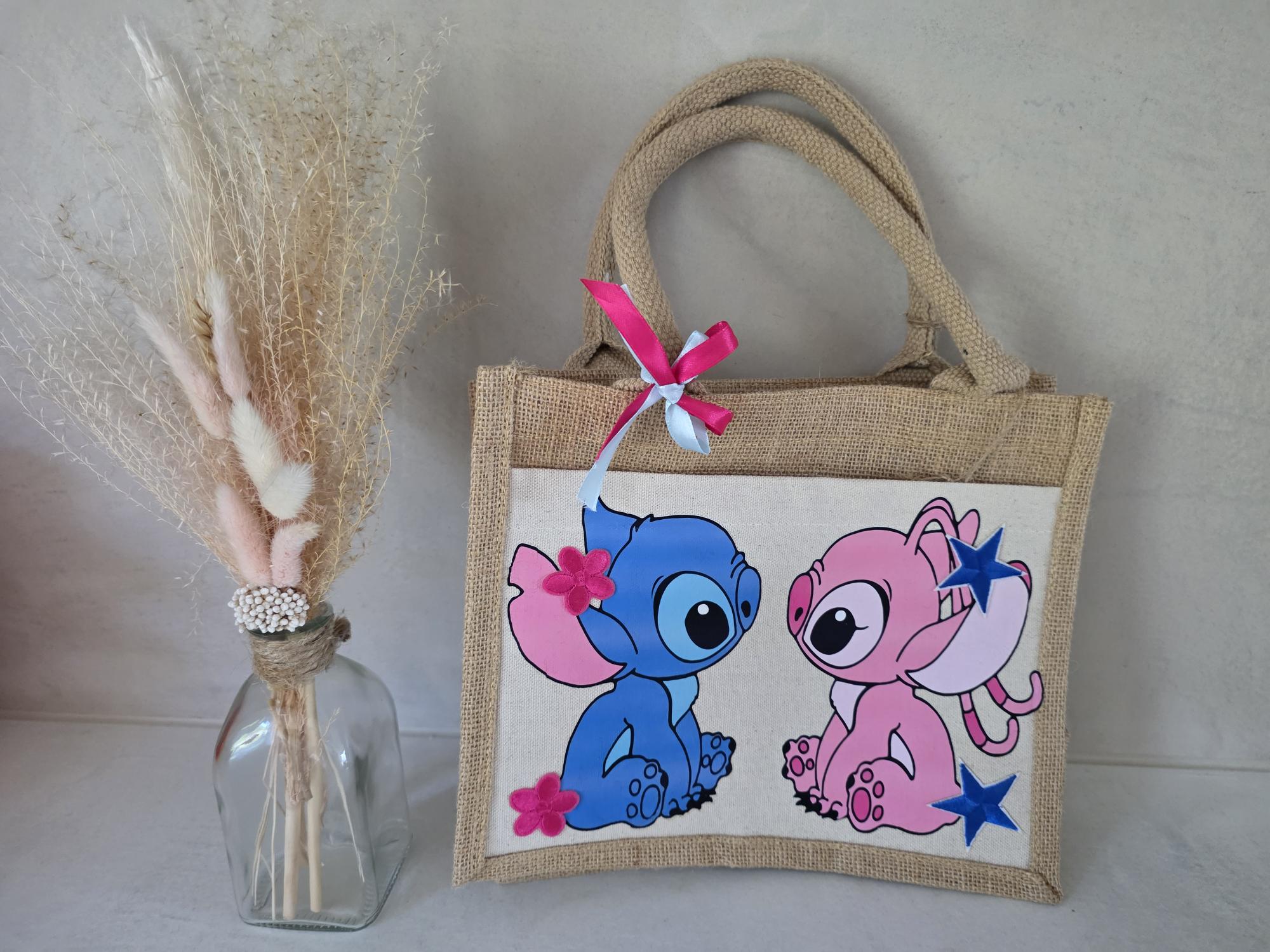 Tote bag jute Stitch & Angel – Impression thermocollante & décorations 3D