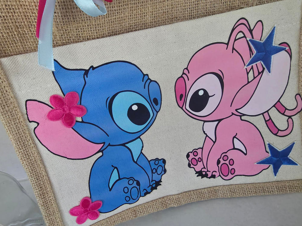 Tote bag jute Stitch & Angel – Impression thermocollante & décorations 3D
