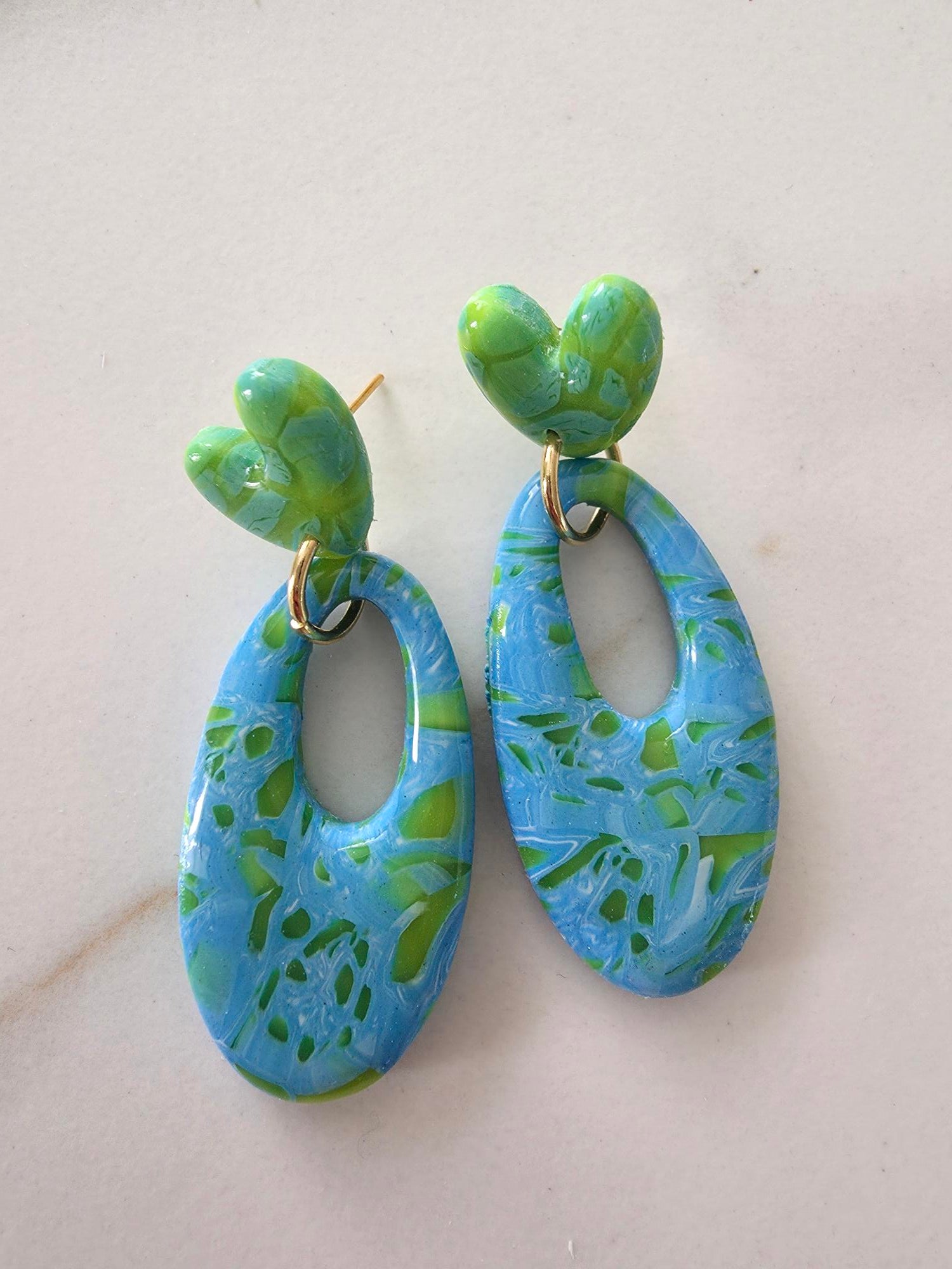 Boucles d'oreilles Cœur & Ovale – Argile Polymère Bleu Lagon & Vert