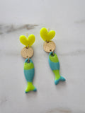 Boucles d'oreilles Cœur & Poisson – Jaune Fluo & Bleu Turquoise