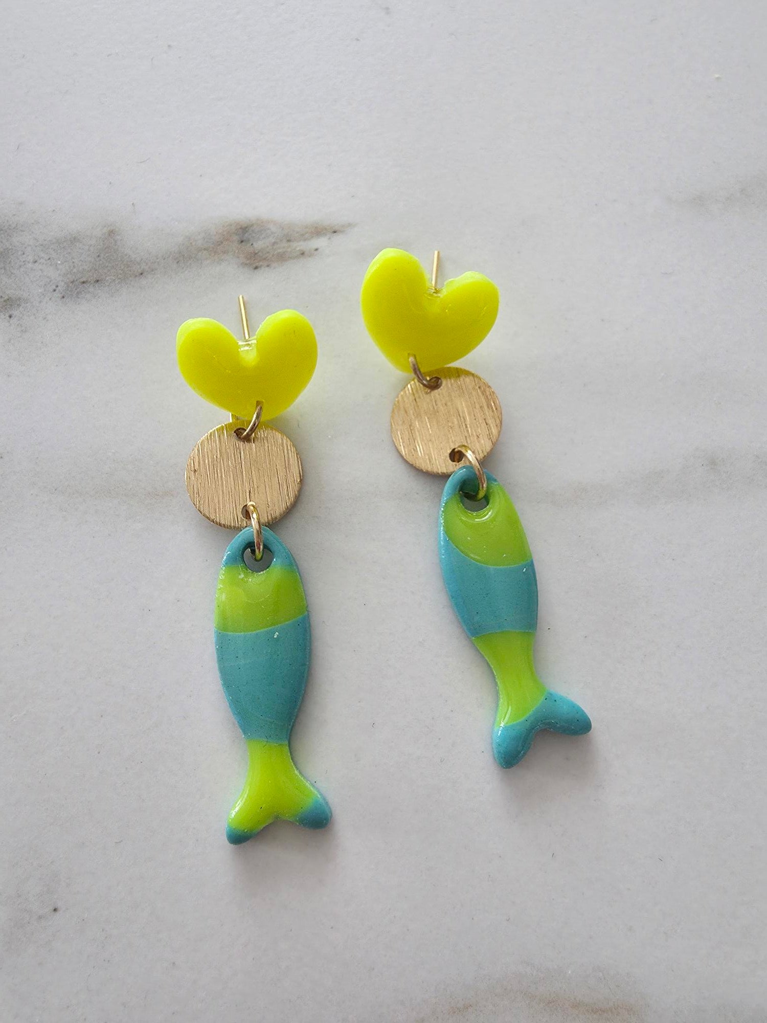 Boucles d'oreilles Cœur & Poisson – Jaune Fluo & Bleu Turquoise