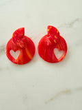 Boucles d'oreilles Rond Cœur – Argile Polymère Rouge orange Marbré